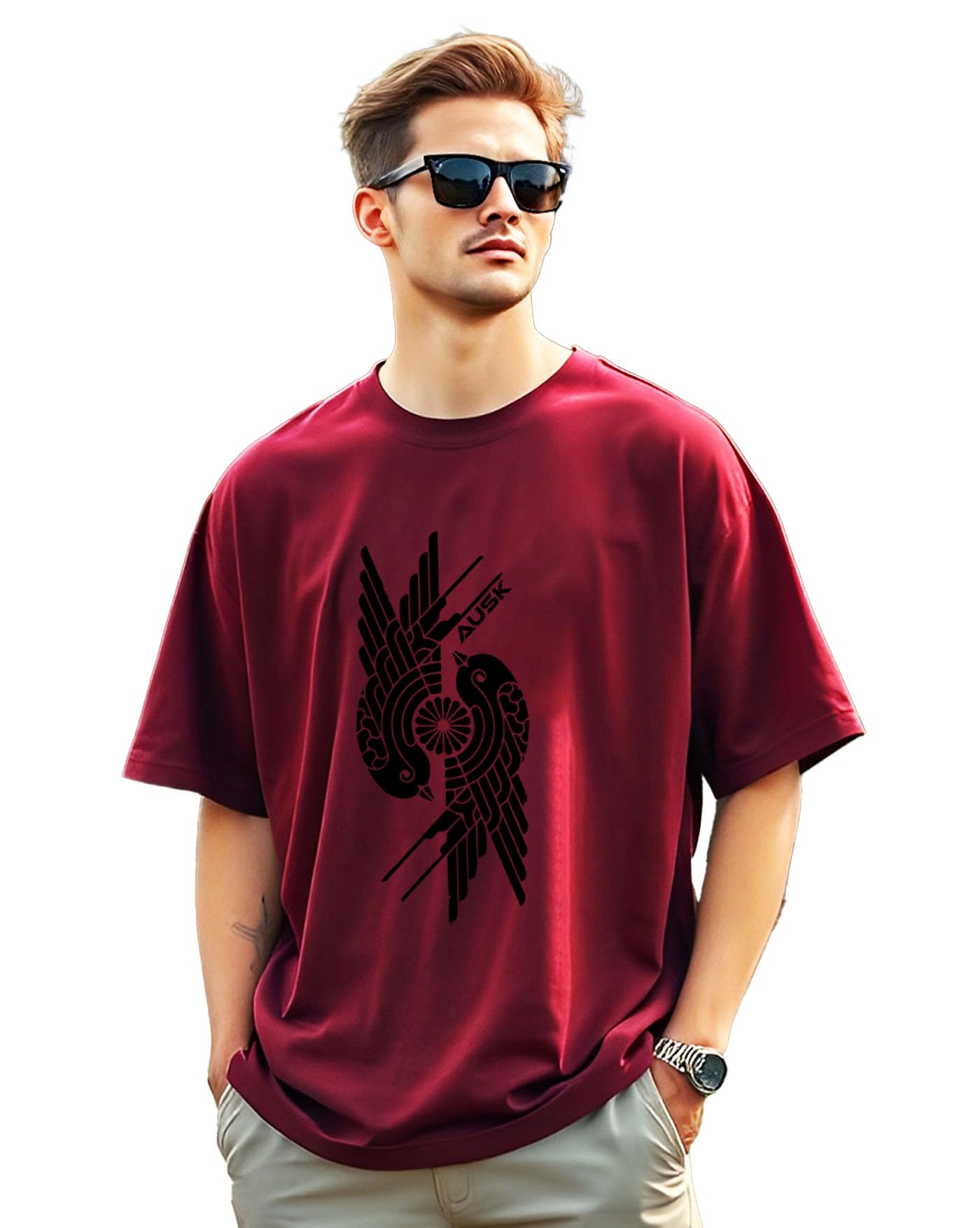 AUSK Mens Loose Fit Oversized Printed Cotton T-Shirts Half Sleeve Drop Shoulder Men Tshirt