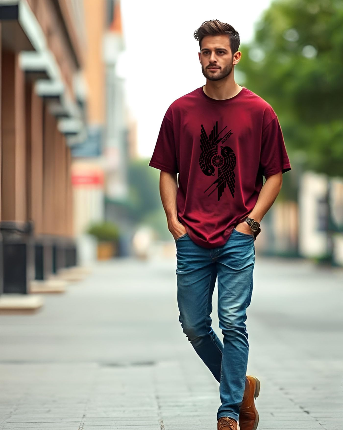 AUSK Mens Loose Fit Oversized Printed Cotton T-Shirts Half Sleeve Drop Shoulder Men Tshirt